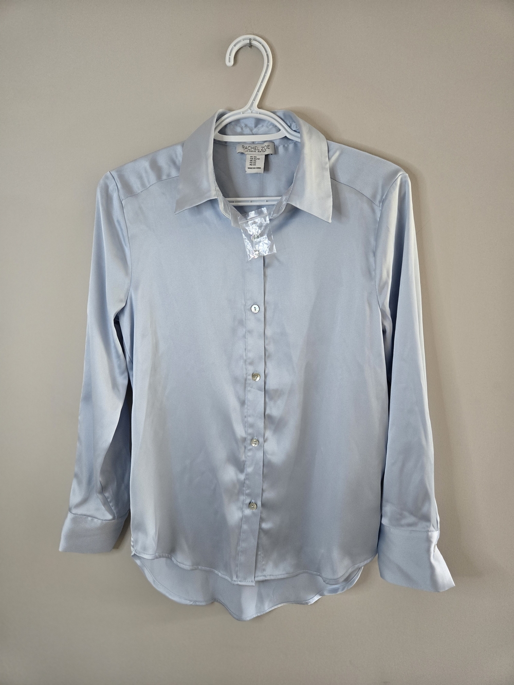 Rachel Zoe light pale blue satin button-up long-sleeve blouse